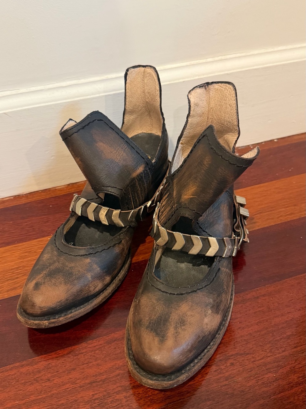 Freebird by Steven Brown Distressed Leather Ankle Boots with Chevron Strap